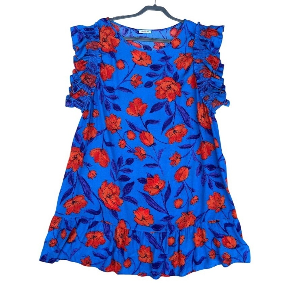 GeeGee Blue Orange Floral Ruffle‎ Smocked Cap Sleeve Shift Dress 3XL